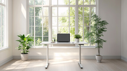 A clean, minimalist home office with a standing desk positioned in the center of a bright, open space. The desk holds a single plant and a laptop, keeping the room simple and functional