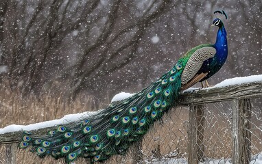 Obraz premium A peacock perched gracefully on a snowy fence during a winter snowfall in the countryside