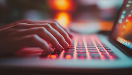 Typing on Laptop with Red Glow