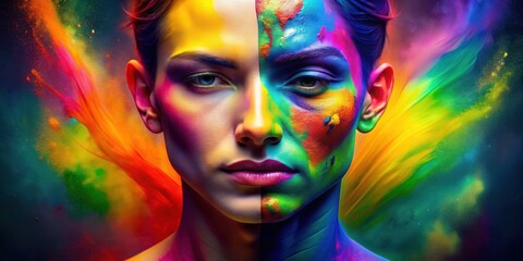 Obraz premium Vibrant image of two faces merging with warm and cool tones, symbolizing unity and balance in the LGBTQ+ community, unity