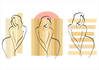 Vector fashion illustration of female body in trendy linear style. Elegant art. For posters, tattoos, lingerie store logos. Hand drawn