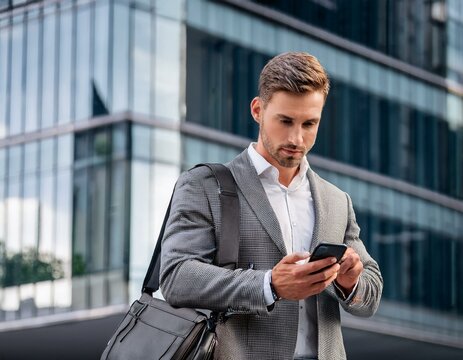 Hombre joven empresario de &eacute;xito con traje mirando el tel&eacute;fono m&oacute;vil frente a un edificio de oficinas, transmitiendo profesionalidad, comunicaci&oacute;n digital, negocios contempor&aacute;neos y estilo corporativo