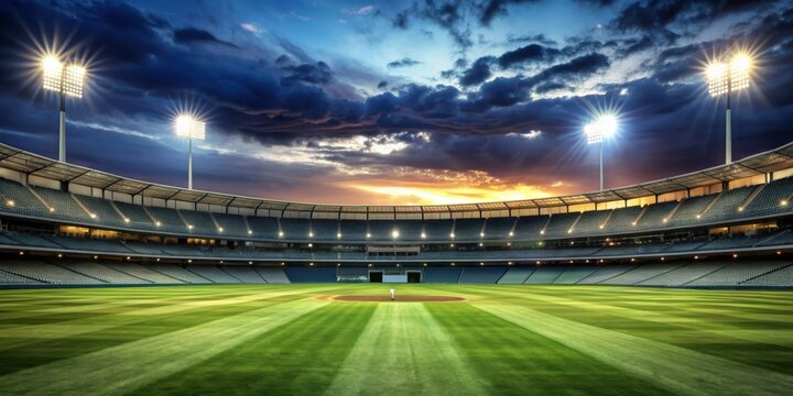 Cricket stadium with illuminated field at night, cricket, stadium, night, sports, field, lights, illumination