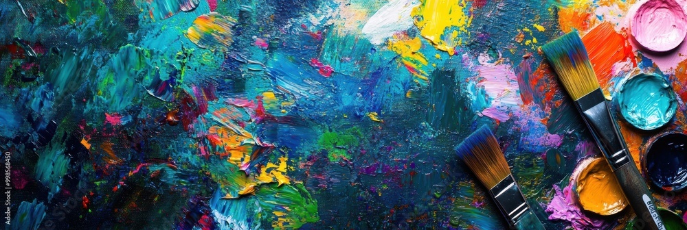 Leinwandbilder A vivid array of paint colors fills the palette while paintbrushes rest beside bold, abstract strokes on the canvas. Generative AI