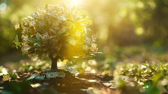 Money tree with dollars instead of leaves, Cash grows on money tree, Investment, Financial literacy and savings	