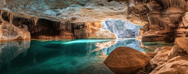 Underground water cavern with stalactites. High dynamic range photography.