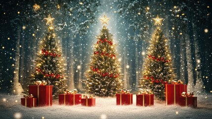 Christmas trees decorated with lights and gifts in a snowy forest.