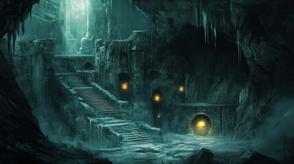 Mysterious Ancient Underground Ruins with Glowing Lanterns