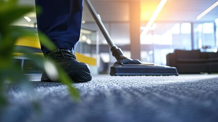 Fototapeta premium Professional Cleaner Vacuuming Office Carpet