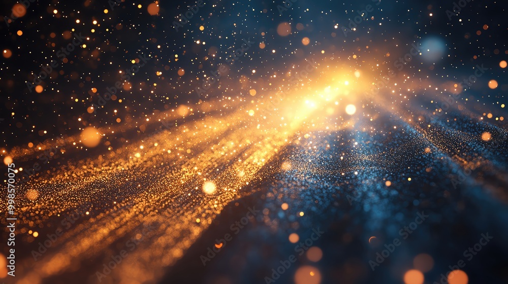 Poster a vivid explosion of golden light particles in motion, creating a dynamic and mesmerizing background