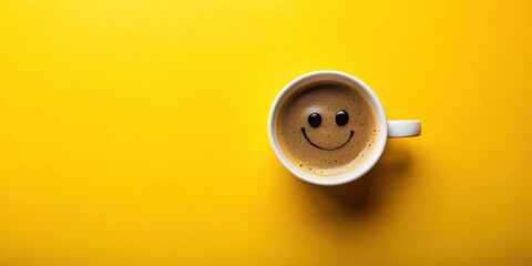 Topdown view of a cup of coffee with a smiley face on a yellow background, coffee, cup, happy, beverage, yellow, background