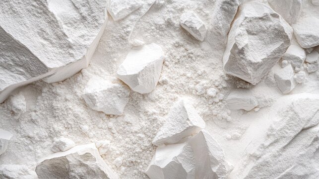 White powder and chunks of kaolin clay, close up background texture.