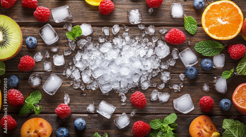 Poster an artistic overhead view of crushed ice scattered on a wooden table, surrounded by fresh fruits and