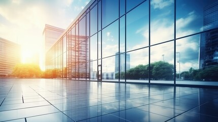 Fototapeta premium Modern office building or business center. High-rise window buildings made of glass reflect the clouds and the sunlight. empty street outside wall modernity civilization. growing up business