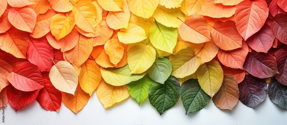 Wall mural A vibrant gradient of autumn leaves, transitioning from red to green, arranged in a wave pattern against a white background.