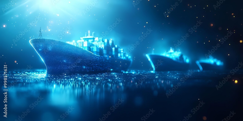 Aufkleber illuminated ships navigating through a mystical ocean environment.