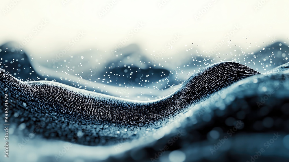 Poster close-up of textured water waves, with droplets sparkling in the light. the image captures the dynam