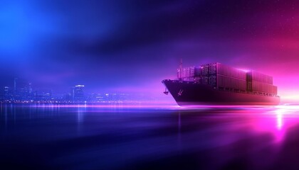 Obraz premium Container ship sailing under vibrant purple and blue lights
