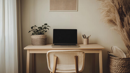 A clutter-free desk with just a laptop, set in a minimalist home office with neutral colors and a simple chair