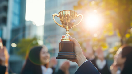 business woman in suit holding a golden trophy cup in hand, celebrating success, victory, office team applause outdoors. employee appreciation day. awarding the best employee. Close up, faceless - Powered by Adobe