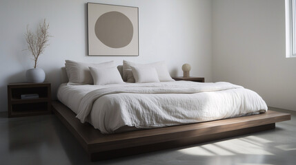 A contemporary minimalist bedroom featuring floating nightstands, a low-profile bed with neutral linens, and one abstract wall art piece. The nightstands have no decor, emphasizing clean design