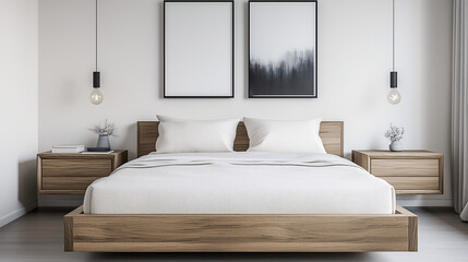 A contemporary minimalist bedroom featuring floating nightstands, a low-profile bed with neutral linens, and one abstract wall art piece. The nightstands have no decor, emphasizing clean design