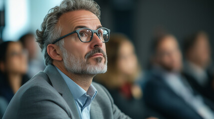 Fototapeta premium People at a conference, focusing intently on presentations and discussions in a professional environment.