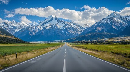 Fototapeta premium Asphalt highway leading to towering snow-capped mountains and lush valleys, under a blue sky with dramatic clouds.