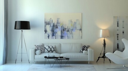 An elegant living room with modern decor, featuring a minimalist design, stylish furniture, and a beautiful piece of art hanging on the wall, showcasing contemporary living.