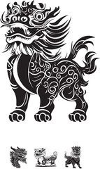 Fototapeta premium Traditional Chinese Lion Icon Set - Black and White Mythical Beast Design
