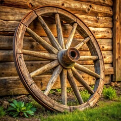 Rustic wooden wagon wheel leaning against a log cabin wall in a natural setting
