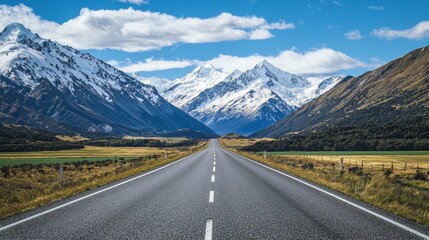 Fototapeta premium Asphalt highway leading to towering snow-capped mountains and lush valleys, under a blue sky with dramatic clouds.