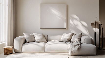 A cozy, minimalist living room with light gray sofa, neutral-colored throw pillows, and a simple abstract canvas hanging above. Soft natural light from large windows