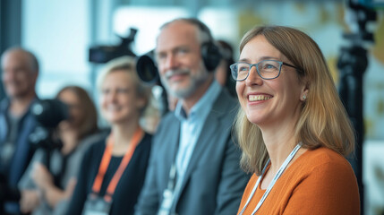 Obraz premium People at a conference, focusing intently on presentations and discussions in a professional environment.