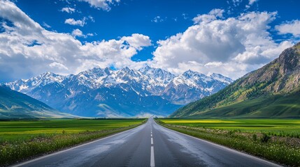 Fototapeta premium Asphalt highway leading to towering snow-capped mountains and lush valleys, under a blue sky with dramatic clouds.