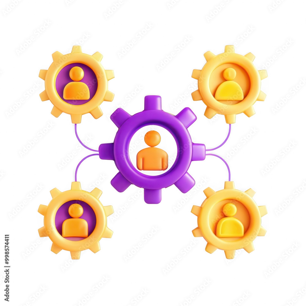 Poster a colorful 3d illustration showing interconnected gears with human figures symbolizing teamwork and 