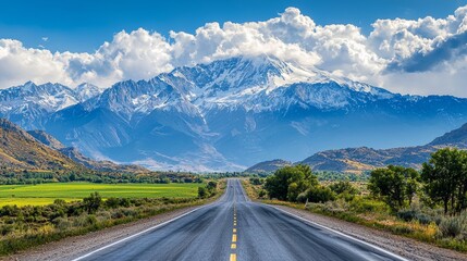 Naklejka premium Asphalt highway leading to towering snow-capped mountains and lush valleys, under a blue sky with dramatic clouds.