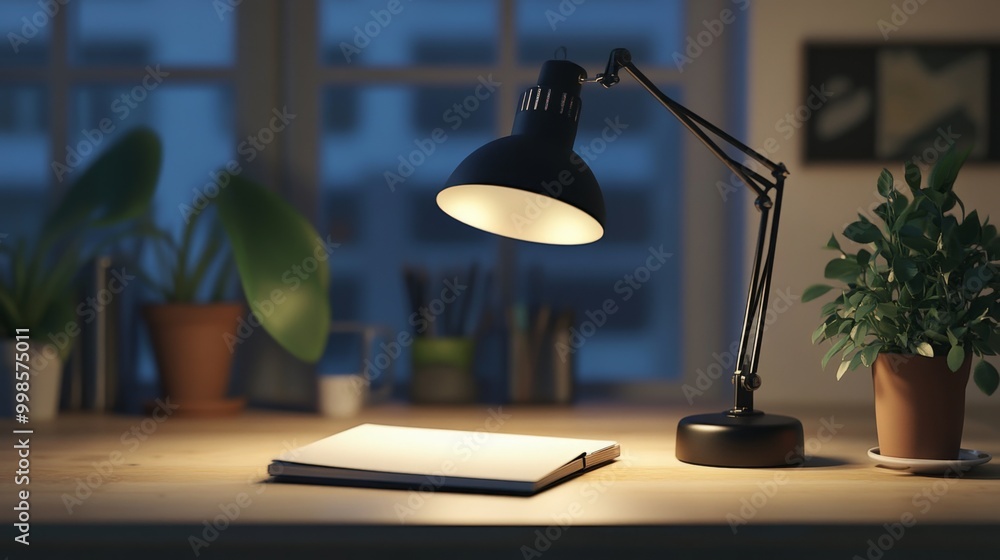 Poster An innovative workspace featuring a modern desk lamp with a sleek design, illuminating a notebook and plants, highlighting the blend of functionality and aesthetics in home offices.