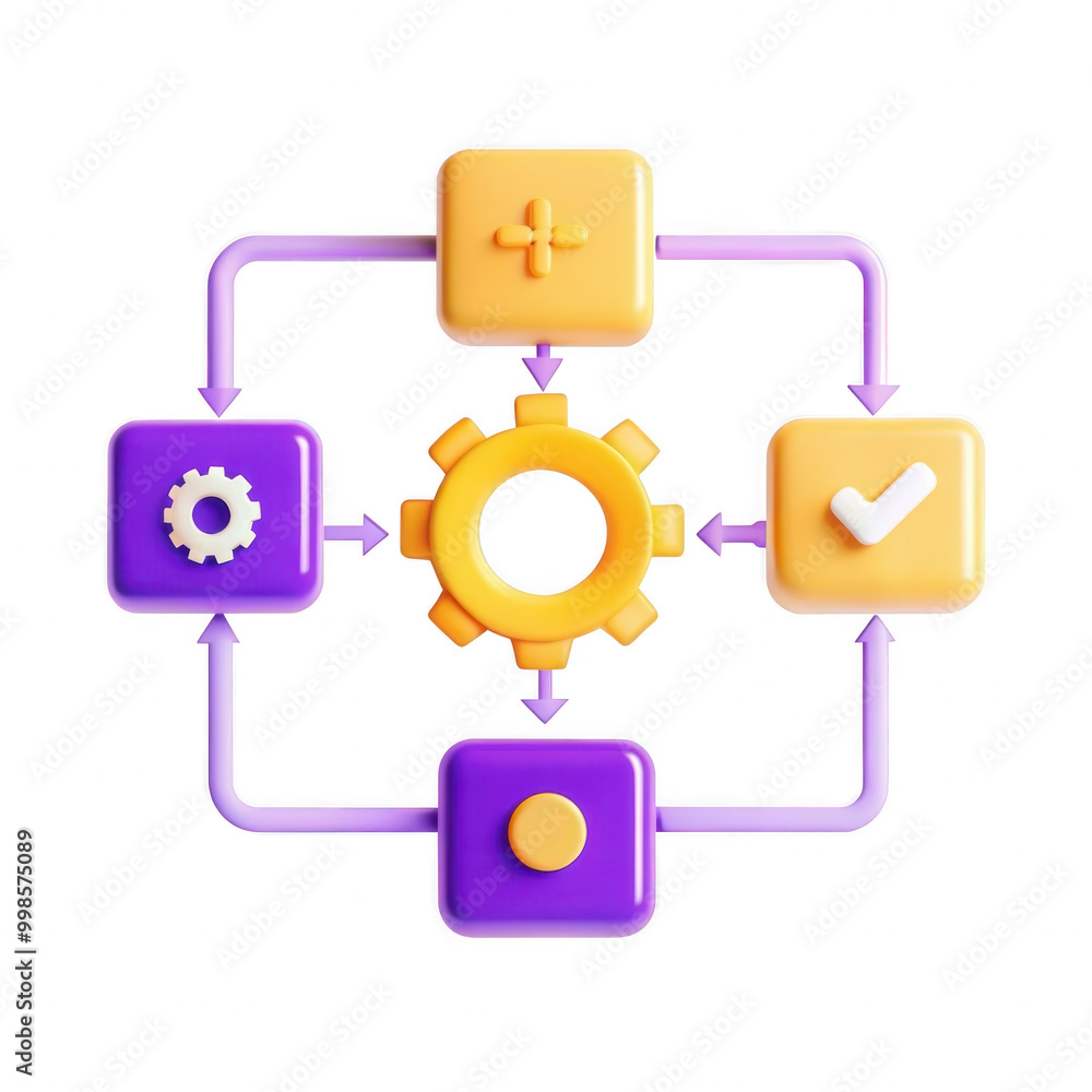 Poster an illustration of a colorful flowchart with various geometric shapes and icons symbolizing processe