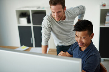 Team, business men or training on computer for help, creative or review on post production...