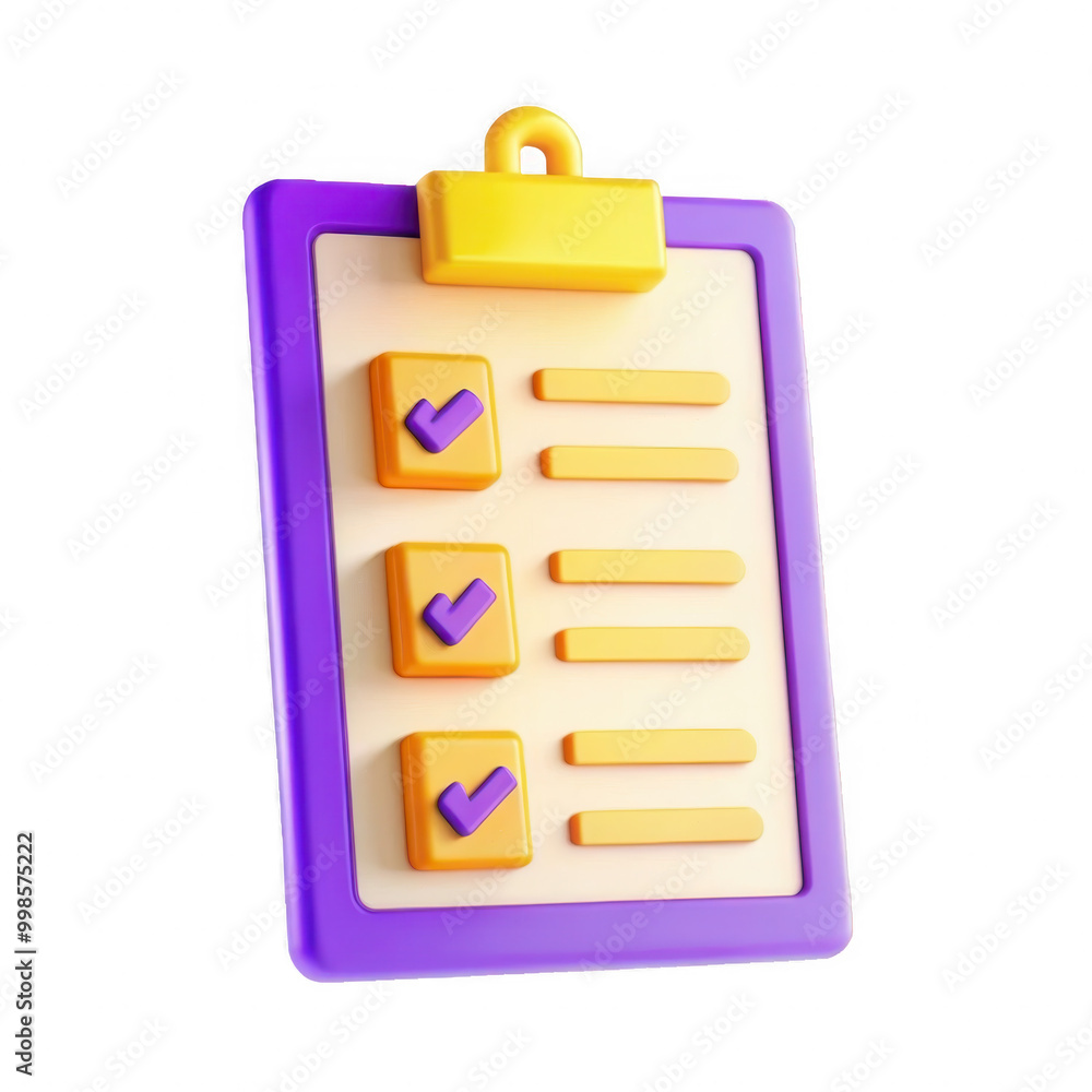Poster a colorful 3d rendered checklist with checkboxes. bright purple and yellow colors make it appealing.