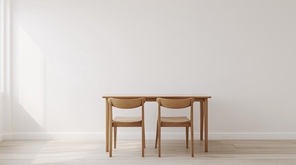 A dining space featuring a minimalist wooden table and two chairs, positioned in front of a blank white wall. The setup is clean, with no items on the table