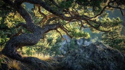 A gnarled tree with long branches stretches out over rocks in a forest.