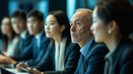 People at a conference, focusing intently on presentations and discussions in a professional environment.