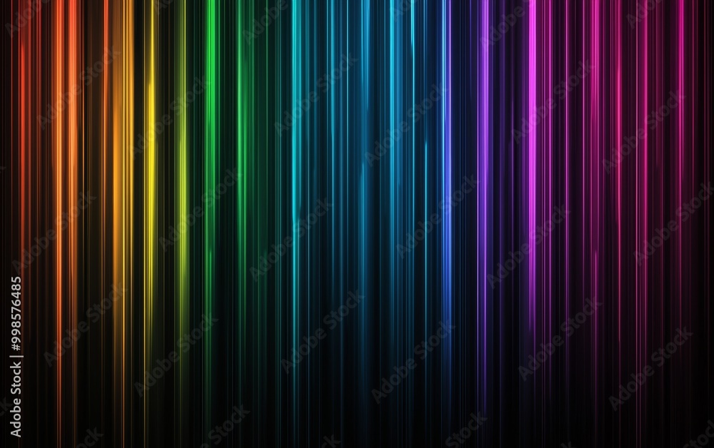 Poster bright rainbow light lines shining vertically, creating a gradient of vibrant colors on a dark backg