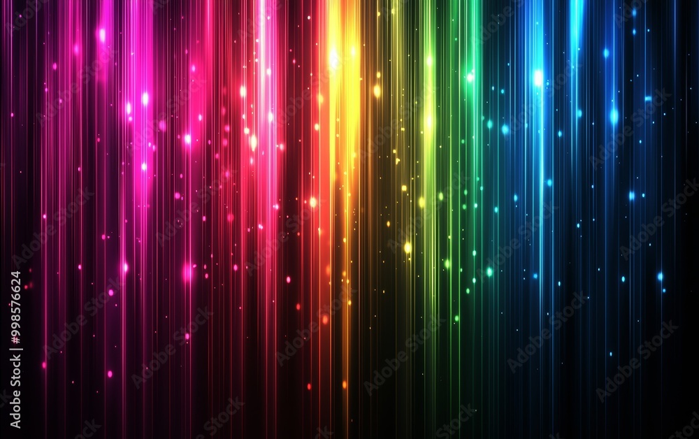 Poster bright rainbow light lines shining vertically, creating a gradient of vibrant colors on a dark backg