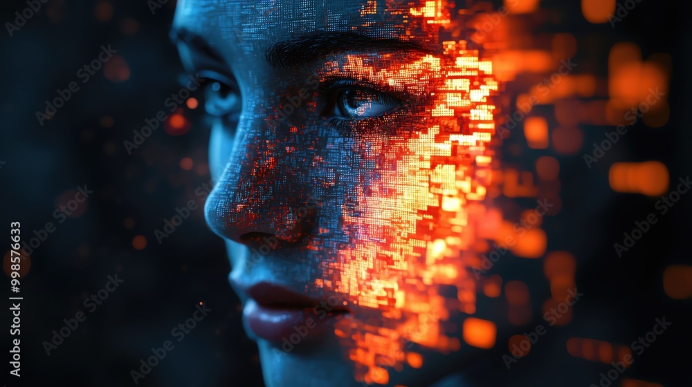 Aufkleber a digital artwork featuring a close-up of a woman's face blending with abstract, glowing patterns th