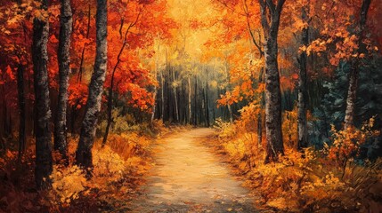 Fototapeta premium Autumn fiery colors light up a serene forest path, creating an enchanting and peaceful walking experience amidst nature's beauty
