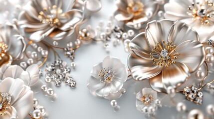 Fototapeta premium 3d wallpaper background with silver and gold jewelry elements, pearl flowers, white background