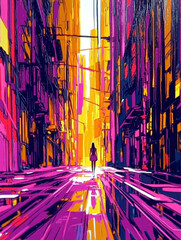 Woman walking through a vibrant city alley